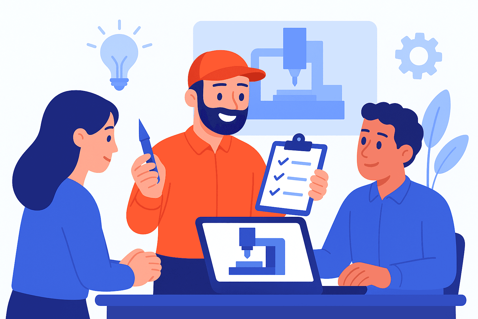 the man in red with the hat discussing with clients.